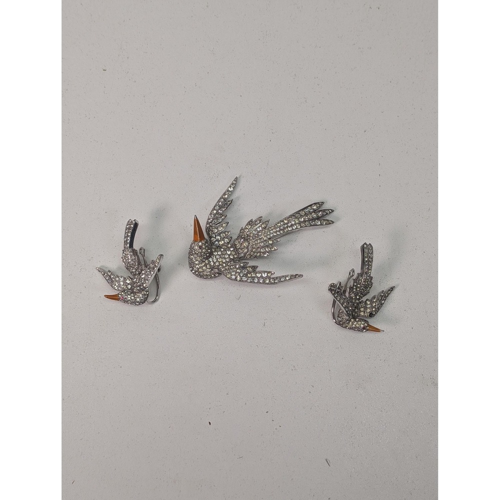 Bird Swallow Brooch Set Silver Tone White Rhinestone Figural 3 Piece Pin Sparkle